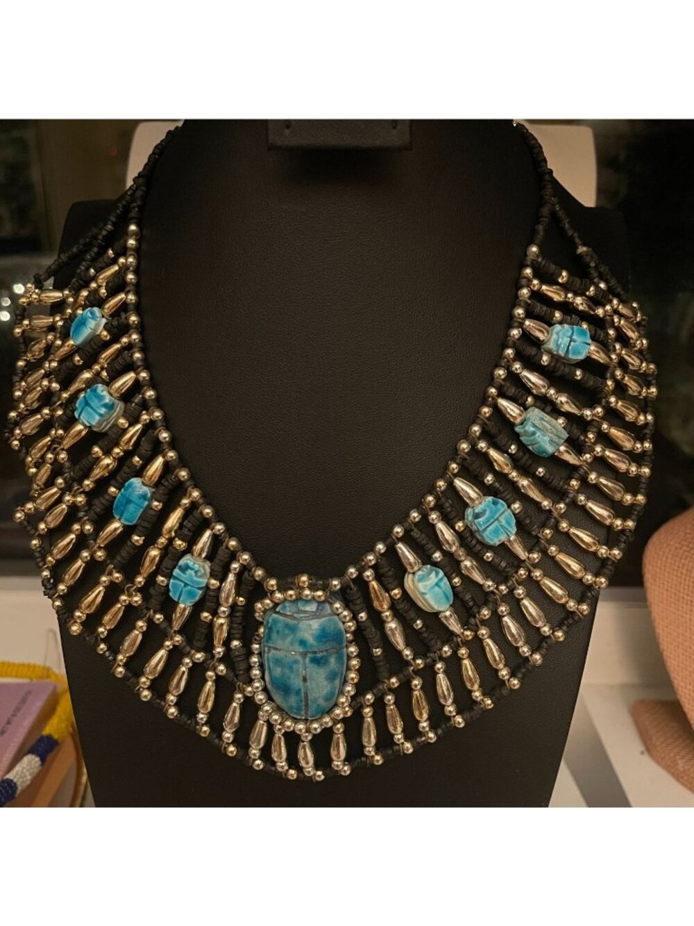 Vintage Egyptian Revival Necklace W/ Scarab Beetles Ancient Egypt Symbols Beaded